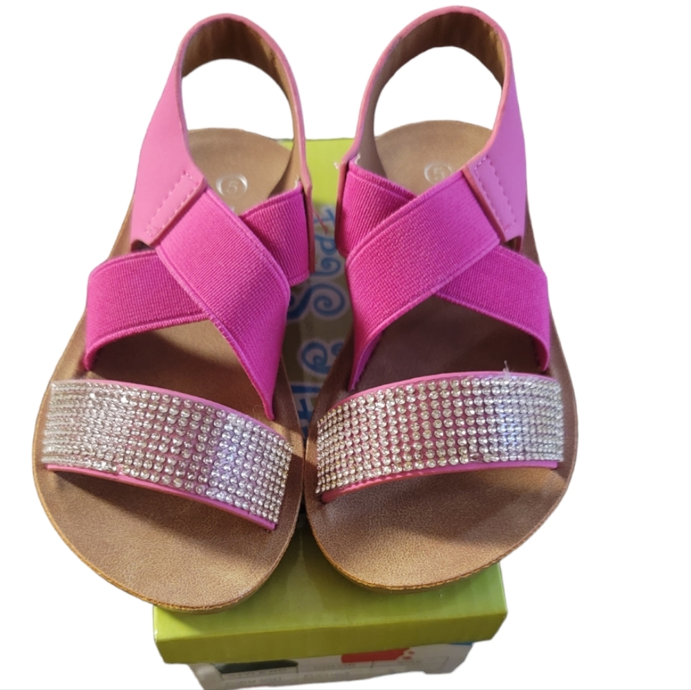 Little Star Fuchsia Pink Rhinestone Elastic Stretchy Strappy Sandals, Size 5